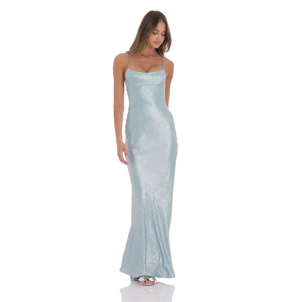 Crinkle Satin Open Back Maxi Dress in Sky Blue