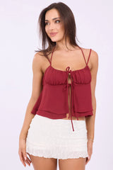 Red Tie Front Cami Halter Neck Sleeveless