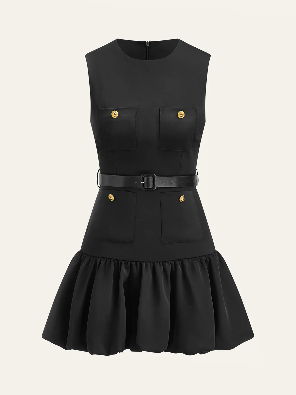 Ruffled Hem Metal Button Mini Dress Without Belt