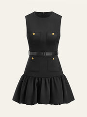 Ruffled Hem Metal Button Mini Dress Without Belt