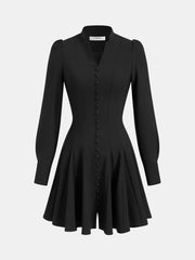 Button-Front Puff-Sleeve Mini Dress