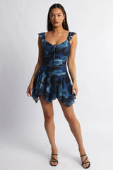 Blue Floral A-Line Dress Frilled Sleeve Mini Lace
