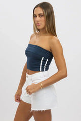 Blue Bandeau Top Side Stripe Fold Over