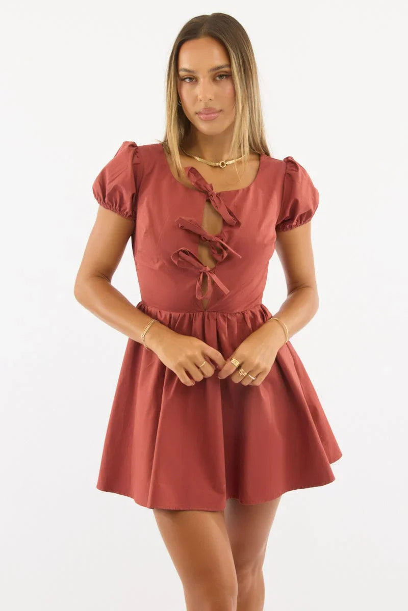 Red Mini Dress Ribbon Detail