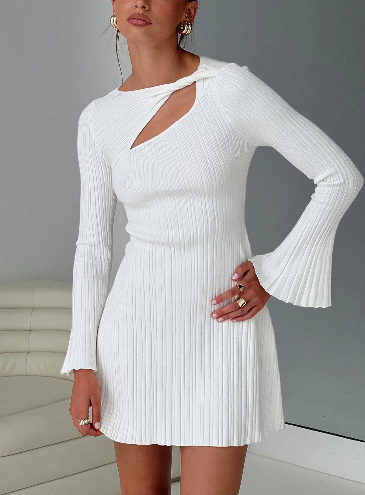 Terraces Long Sleeve Mini Dress White