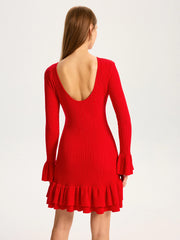 Wool Blend Knit Ruffled Flared Sleeve Mini Dress