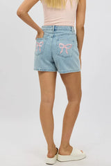 Denim Relaxed Shorts Mid Rise Bow Tie