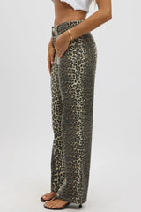 Brown Animal Print Baggy Jeans Leopard Pattern