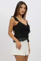 Black Cami Top Sleeveless Crossover Ruffled Details