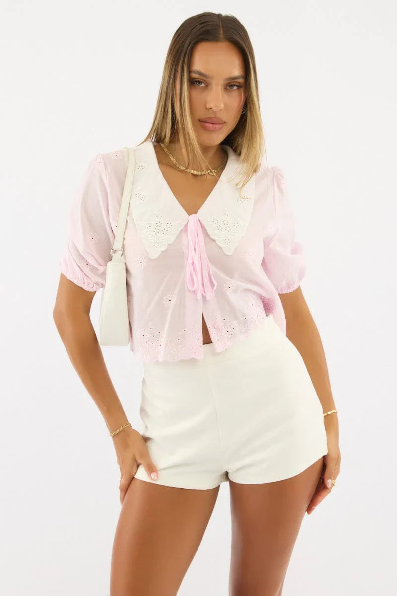 Pink Puff Sleeve Shirt Peter Pan Collar Embroidered
