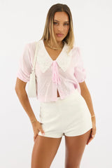 Pink Puff Sleeve Shirt Peter Pan Collar Embroidered