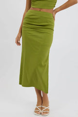 Green Gathered Midi Skirt High Rise Bengaline Split