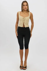 Beige Top Sleeveless Open Front Lace UP