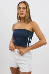 Blue Bandeau Top Side Stripe Fold Over