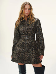 Belted Leopard Print Shirt Dress