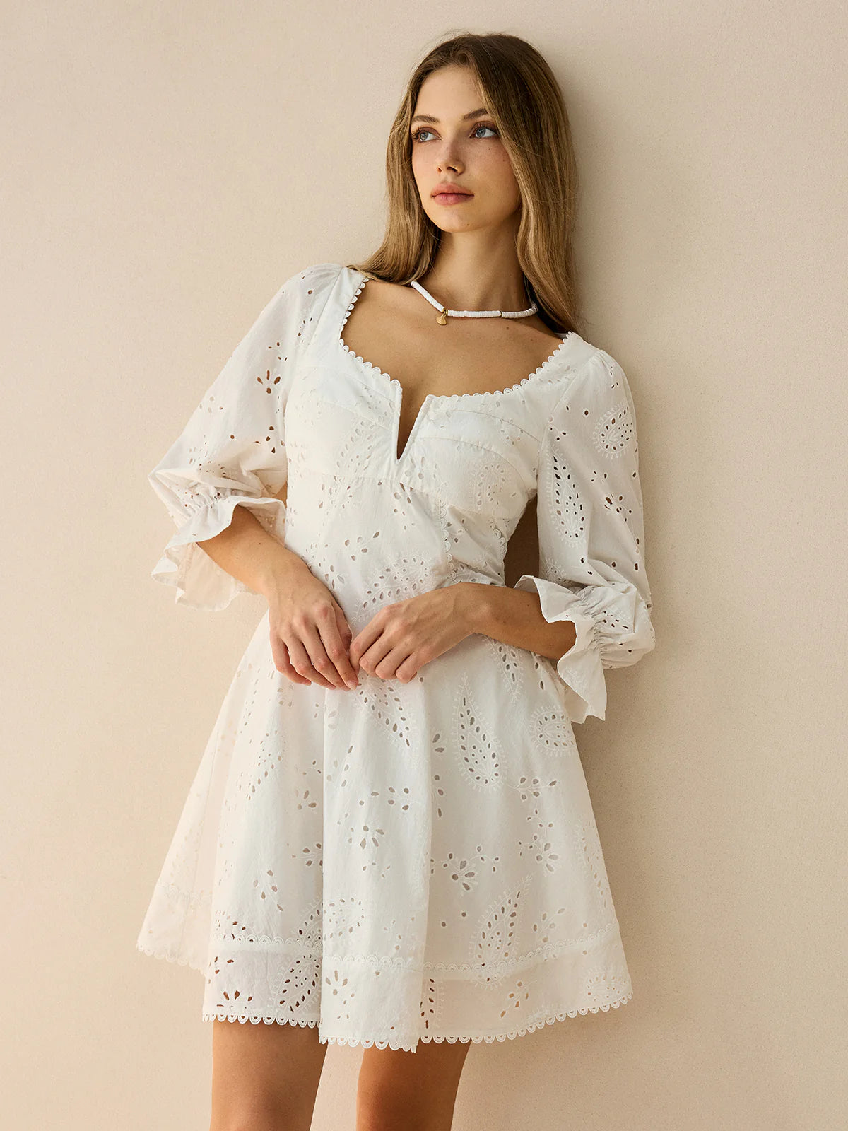 Cotton Scalloped Edge Eyelet Mini Dress