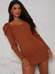 Sweetheart Neckline Puff Sleeve Knitted Jumper Dress in Rust