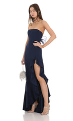 Strapless Back Bow Corset Maxi Dress in Navy
