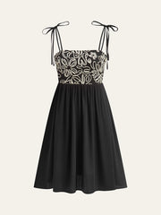 Embroidered Midi Dress with Tie-Up Straps