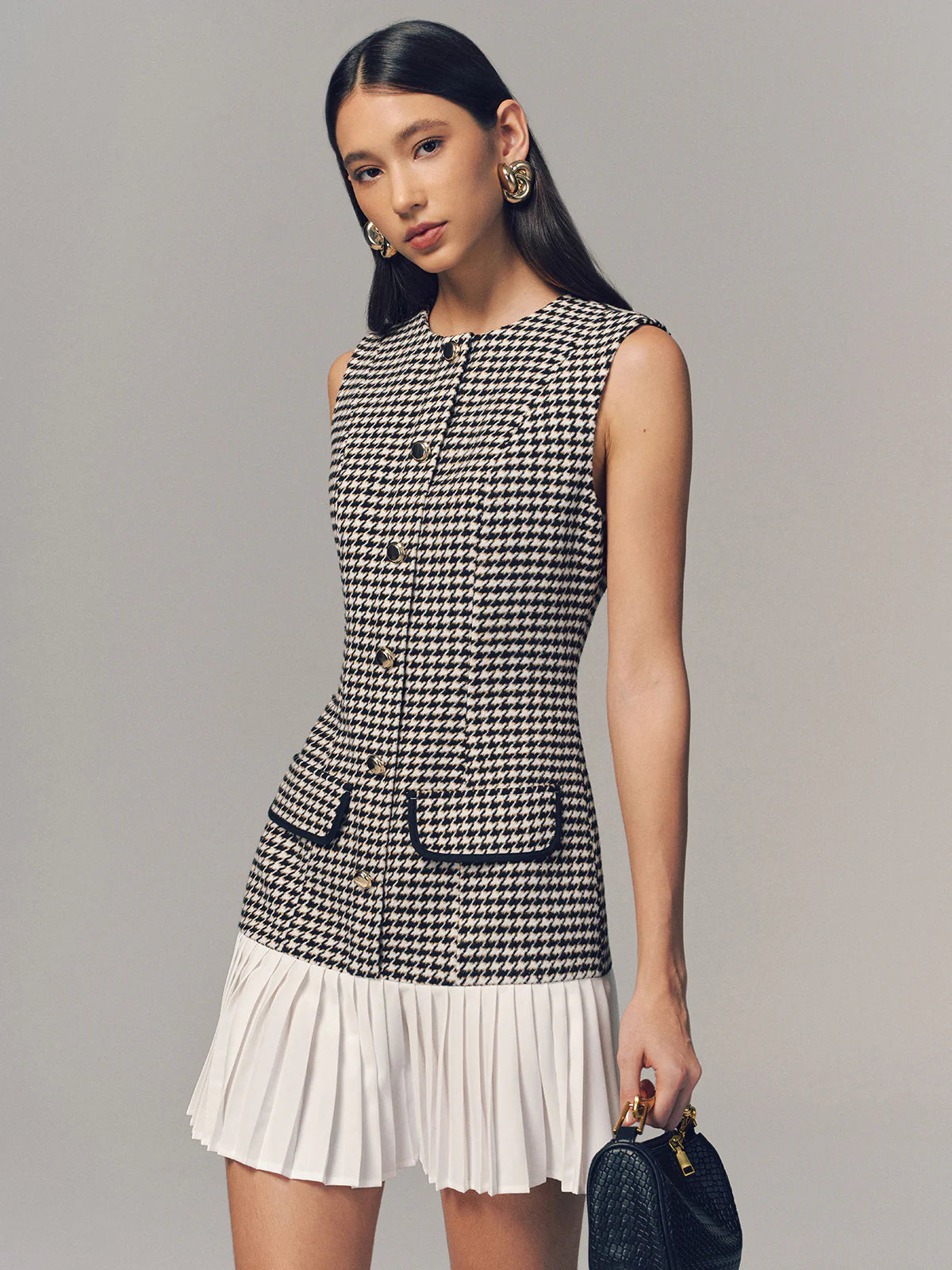 Houndstooth Sleeveless Pleated Hem Mini Dress