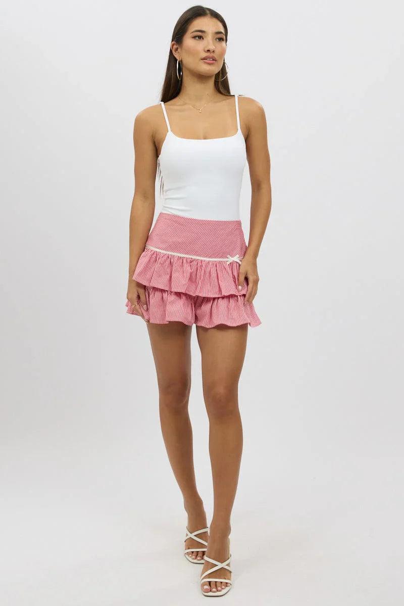Red Check Skort Skirt Frilled Hem
