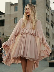 Semi-Sheer Chiffon Ruffle Dress With Outer Cape