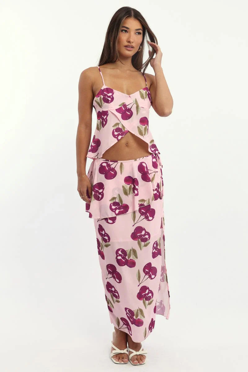 Pink Abstract Chiffon Maxi Skirt Lined