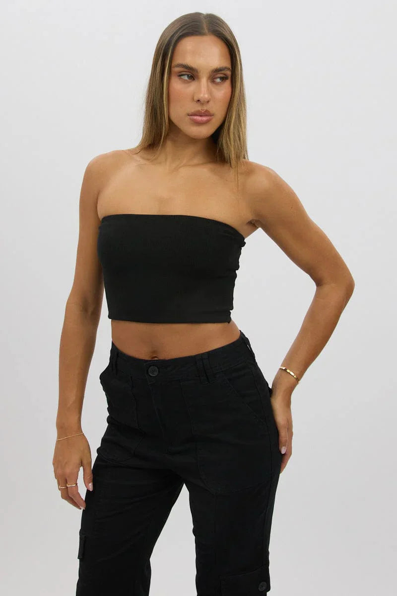 Black Bandeau Top Cotton Rib