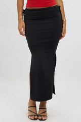 Black Midaxi Skirt Elastic Waist Spliced Bow Supersoft