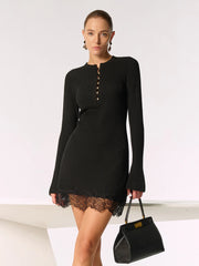 Wool Blend Lace Hem Metal Button Mini Dress