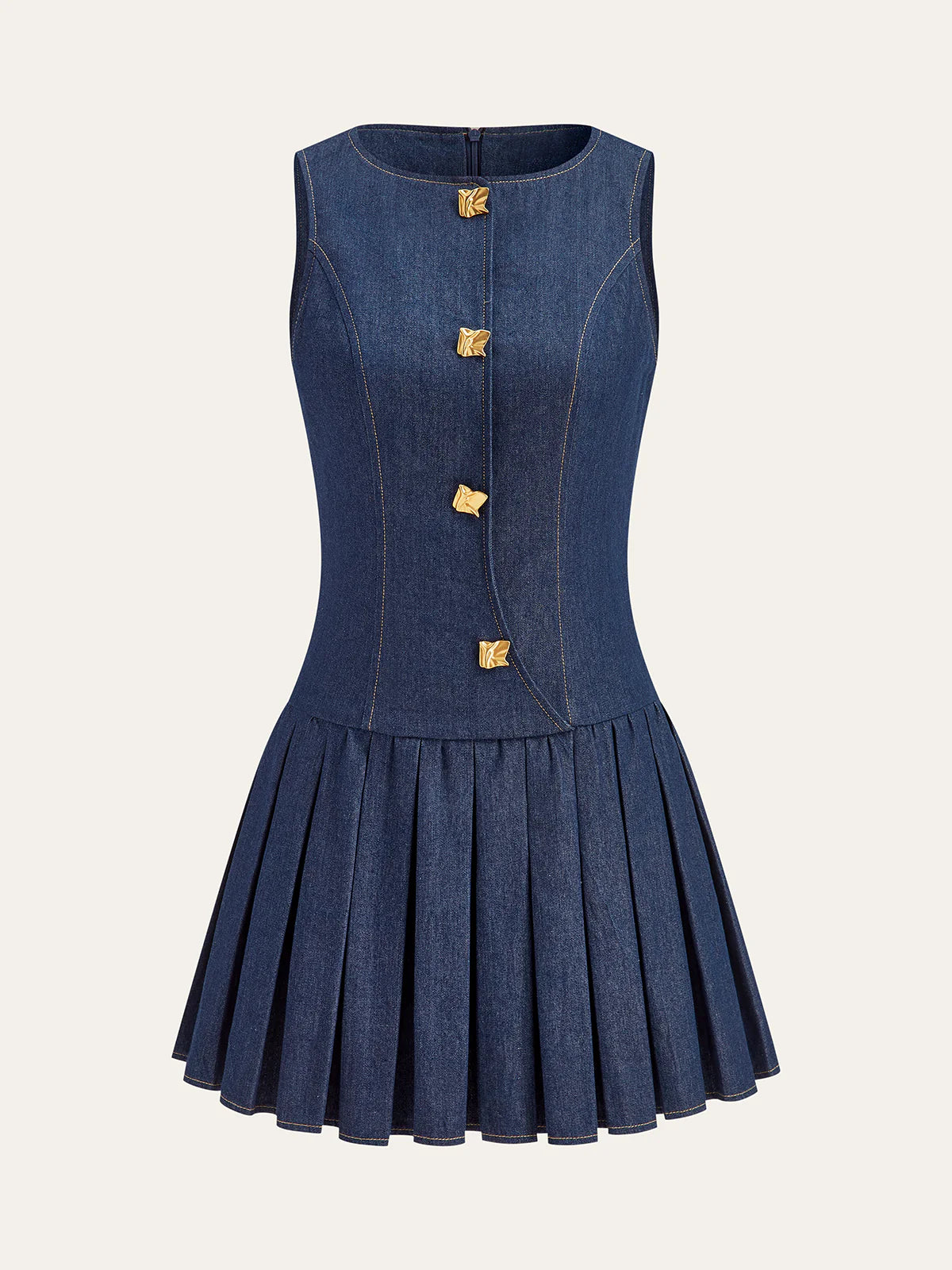 Metal Detail Denim Pleated Sleeveless Dress