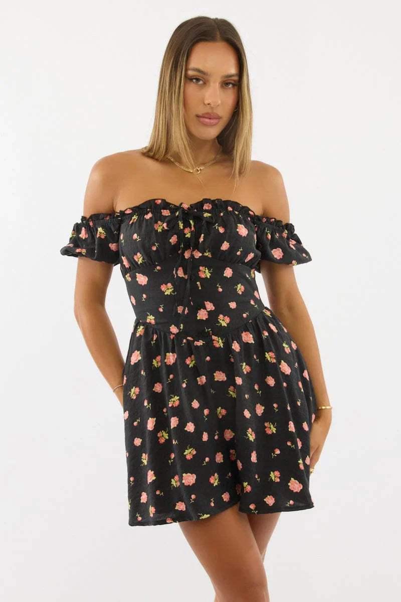 Black Ditsy Fit And Flare Dress Mini