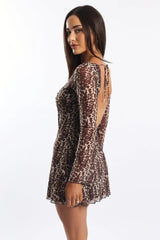 Brown Animal Print Mini Dress Long Sleeve