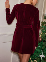 Pleated Panel Velvet Mini Dress with Belt