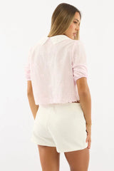Pink Puff Sleeve Shirt Peter Pan Collar Embroidered