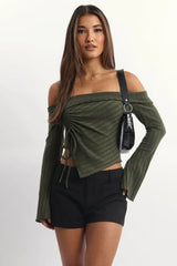 Green Off Shoulder Top Long Sleeve Ruched