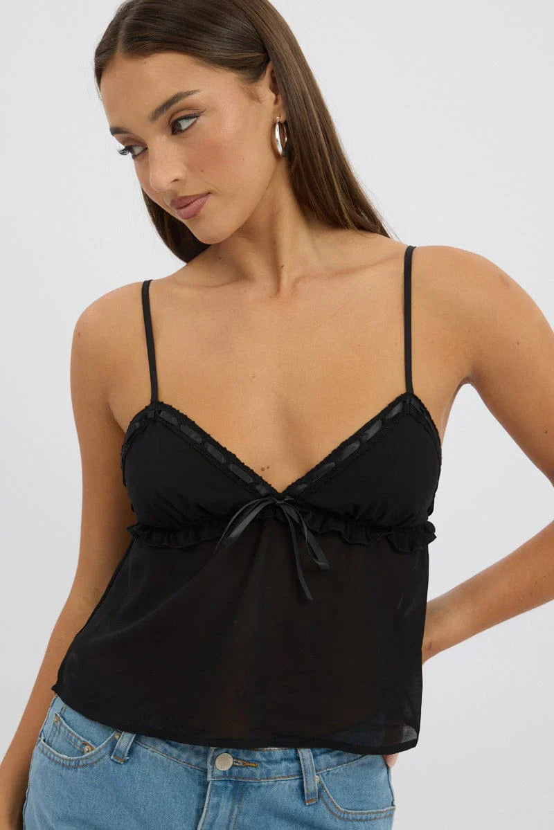 Black Lace Tape Cami Sleeveless Sweetheart Satin