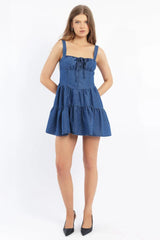 Blue Fit And Flare Dress Mini Gathered Bust