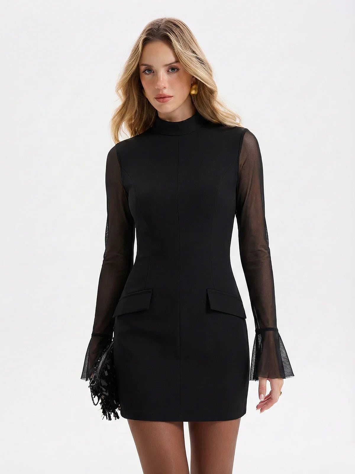 Sheer-Sleeve Flared-Cuff Mini Dress