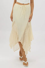 White Lace Elastic Waist Scarf Hem Maxi Skirt