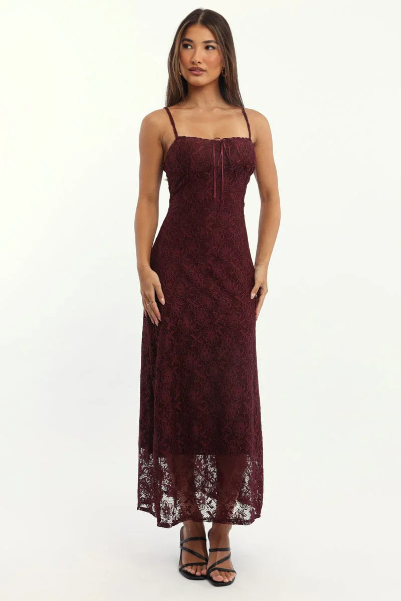 Red Maxi Dress Lace Satin Tape