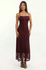 Red Maxi Dress Lace Satin Tape