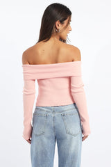 Pink Knit Top Long Sleeve Off Shoulder Zip Front