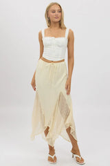 White Lace Elastic Waist Scarf Hem Maxi Skirt