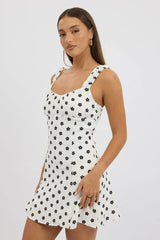 White Floral Mini Dress Gathered Bust