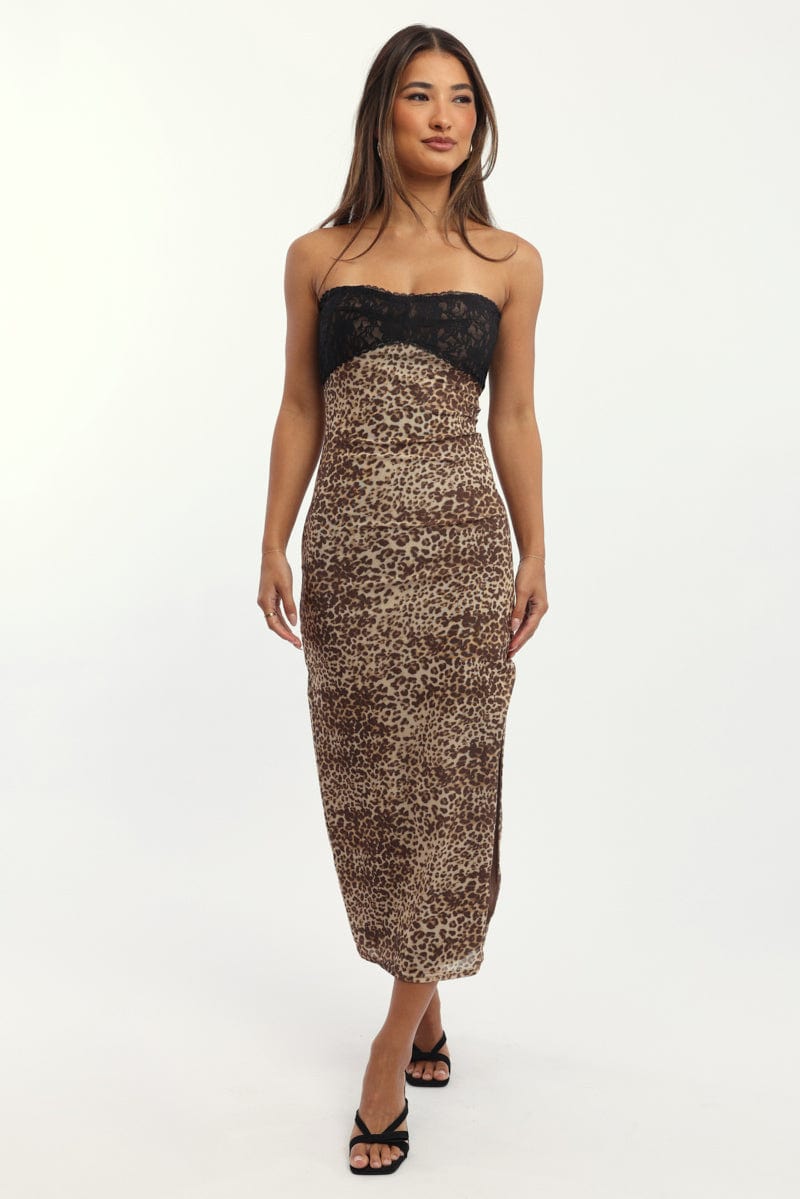 Brown Animal Print Bodycon Dress Mesh