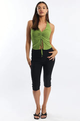 Green Halter Top Sleeveless Ruched Front