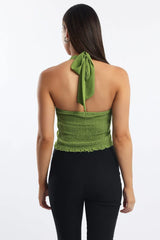 Green Halter Top Sleeveless Ruched Front