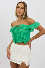 Green Frilled Top Sleeveless Off Shoulder Chiffon