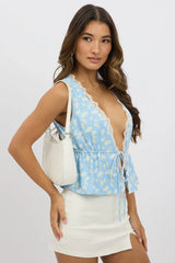 Blue Ditsy Tie Front Top